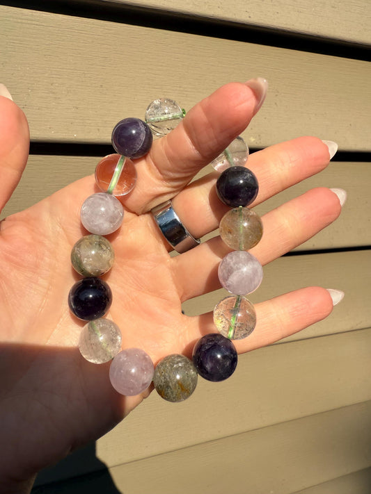 Garden Quartz, Purple Amethyst, and Rose Quartz 14mm Gemstone Bracelet Balance Energy