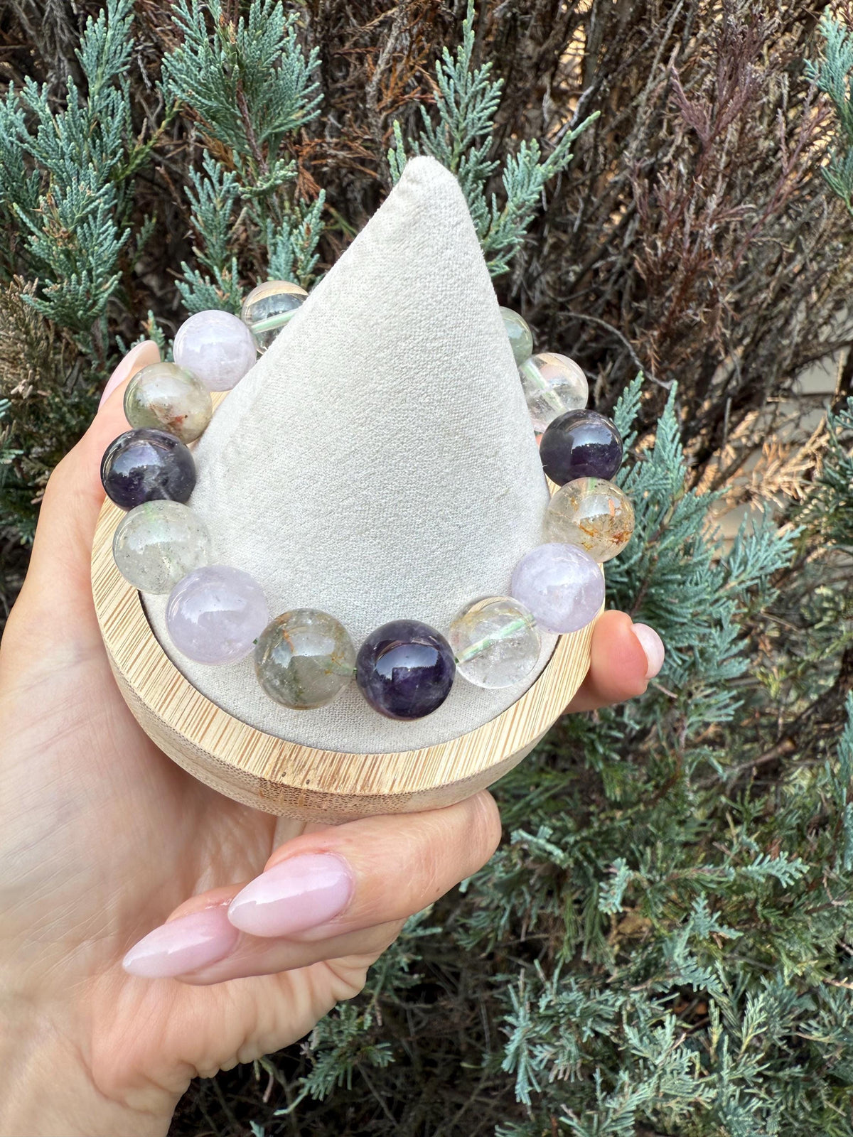Garden Quartz, Purple Amethyst, and Rose Quartz 14mm Gemstone Bracelet Balance Energy