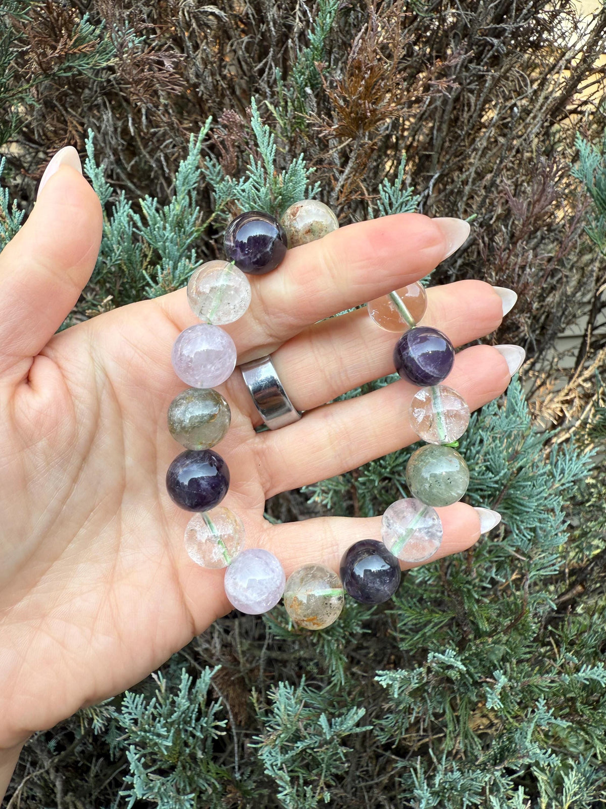 Garden Quartz, Purple Amethyst, and Rose Quartz 14mm Gemstone Bracelet Balance Energy