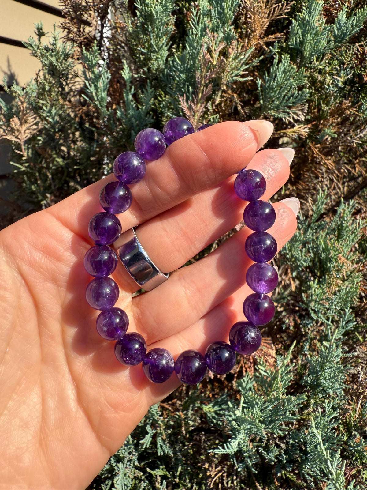 Natural Purple Amethyst 10mm Crystal Stretch Bracelet, Crown Chakra Meditation Jewelry