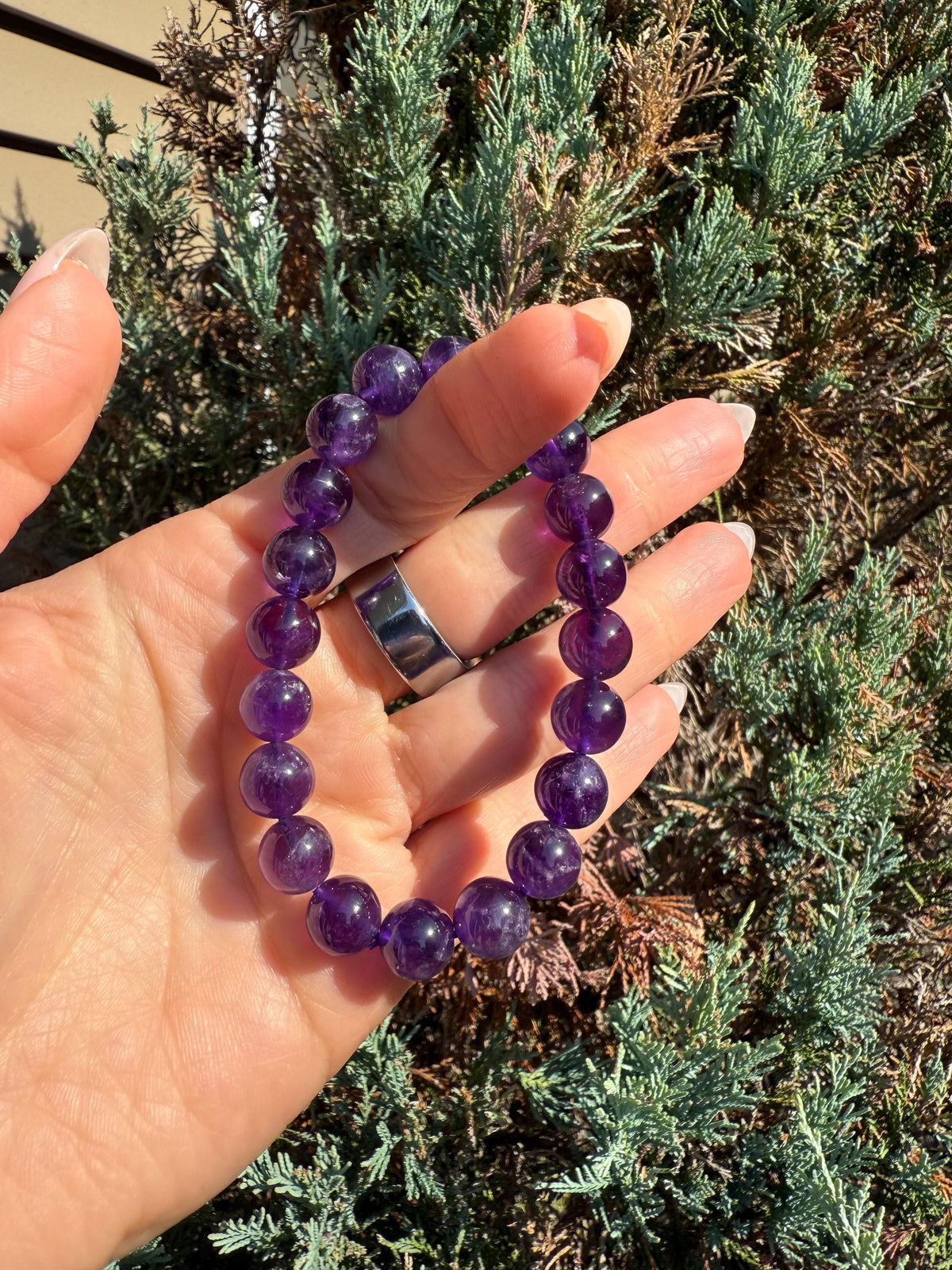 Natural Purple Amethyst 10mm Crystal Stretch Bracelet, Crown Chakra Meditation Jewelry