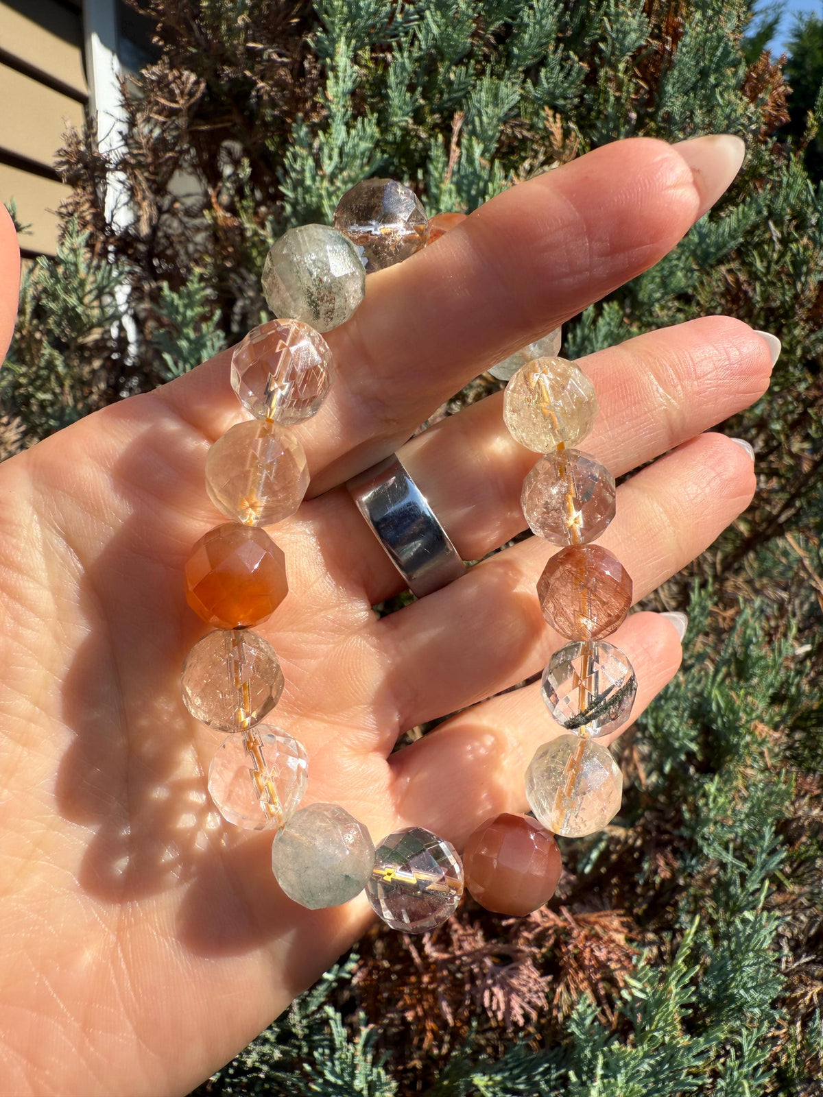 Faceted Garden Quartz Stretch Bracelet, Natural Gemstone Grounding Jewelry, Earth Energy (11mm Beads)