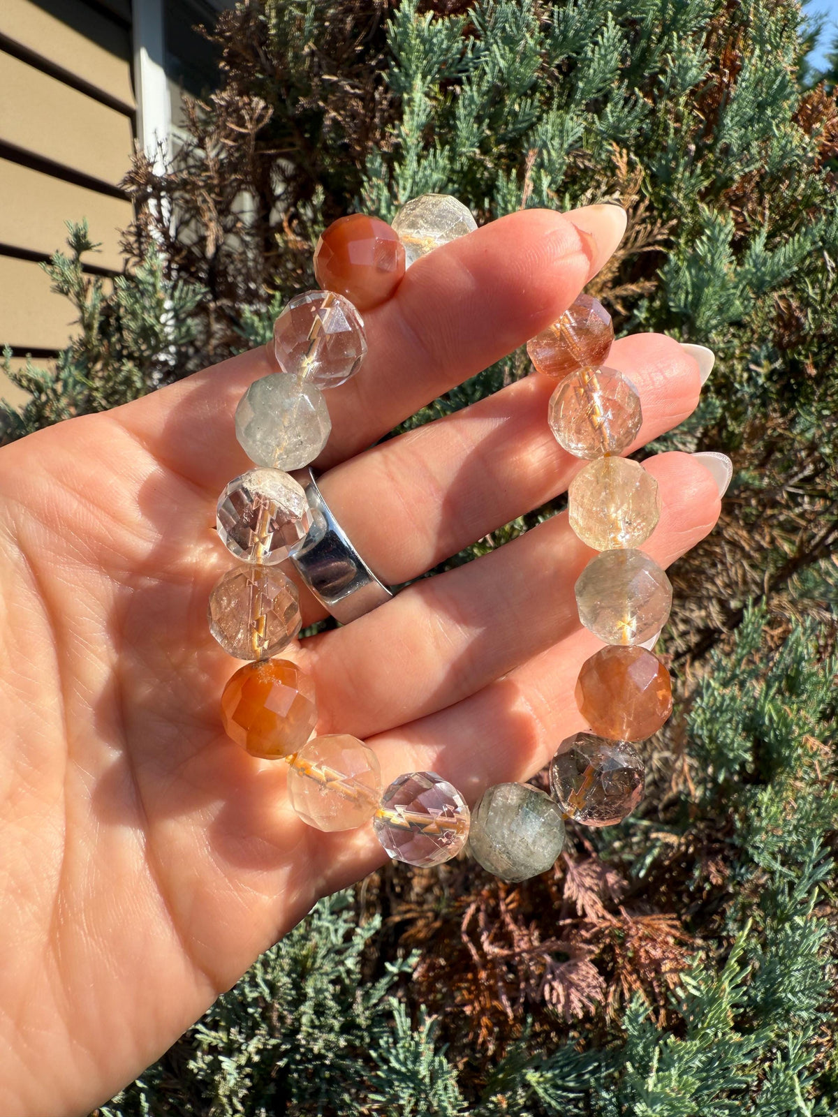 Faceted Garden Quartz Stretch Bracelet, Natural Gemstone Grounding Jewelry, Earth Energy (11mm Beads)