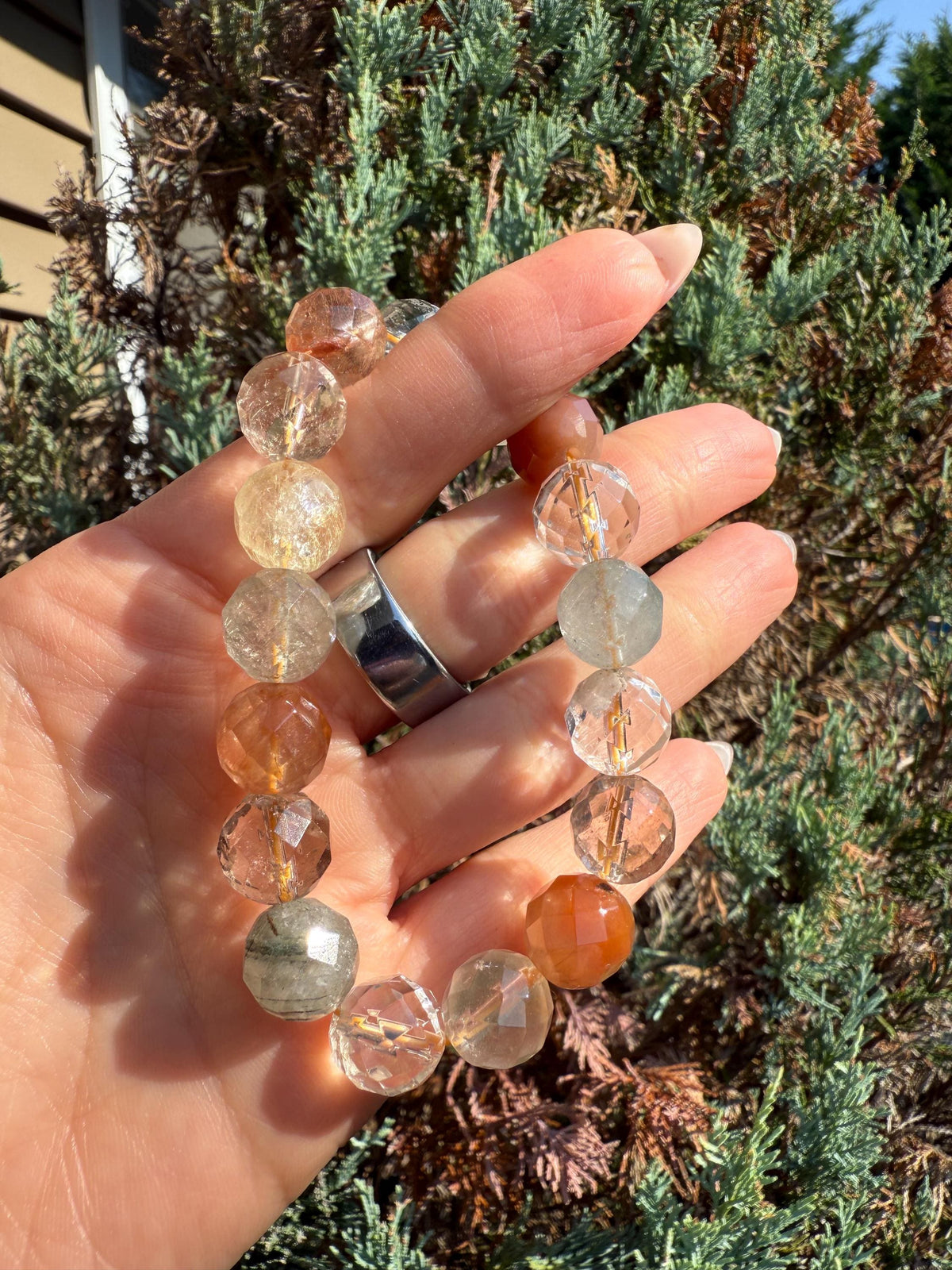 Faceted Garden Quartz Stretch Bracelet, Natural Gemstone Grounding Jewelry, Earth Energy (11mm Beads)