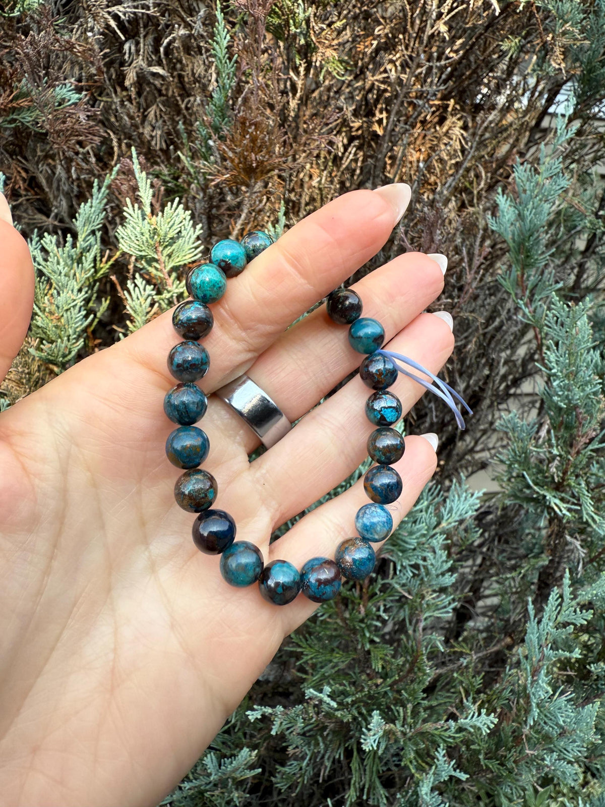 Azurite Chrysocolla Malachite Beaded Stretch Bracelet, Natural Gemstone Healing Jewelry