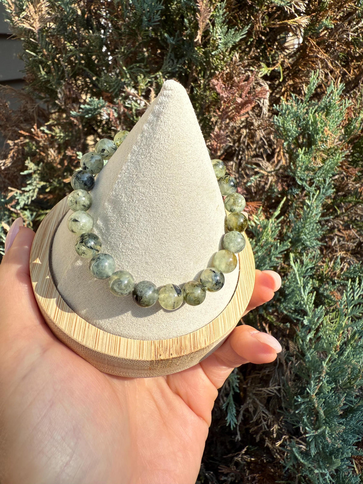 Prehnite & Epidote Crystal Beaded Stretch Bracelet: Natural Gemstone, Heart Chakra