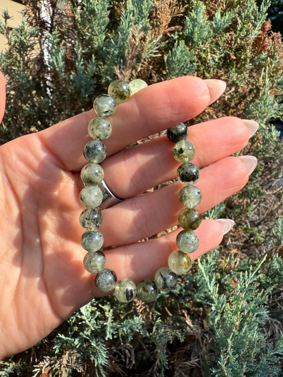 Prehnite & Epidote Crystal Beaded Stretch Bracelet: Natural Gemstone, Heart Chakra