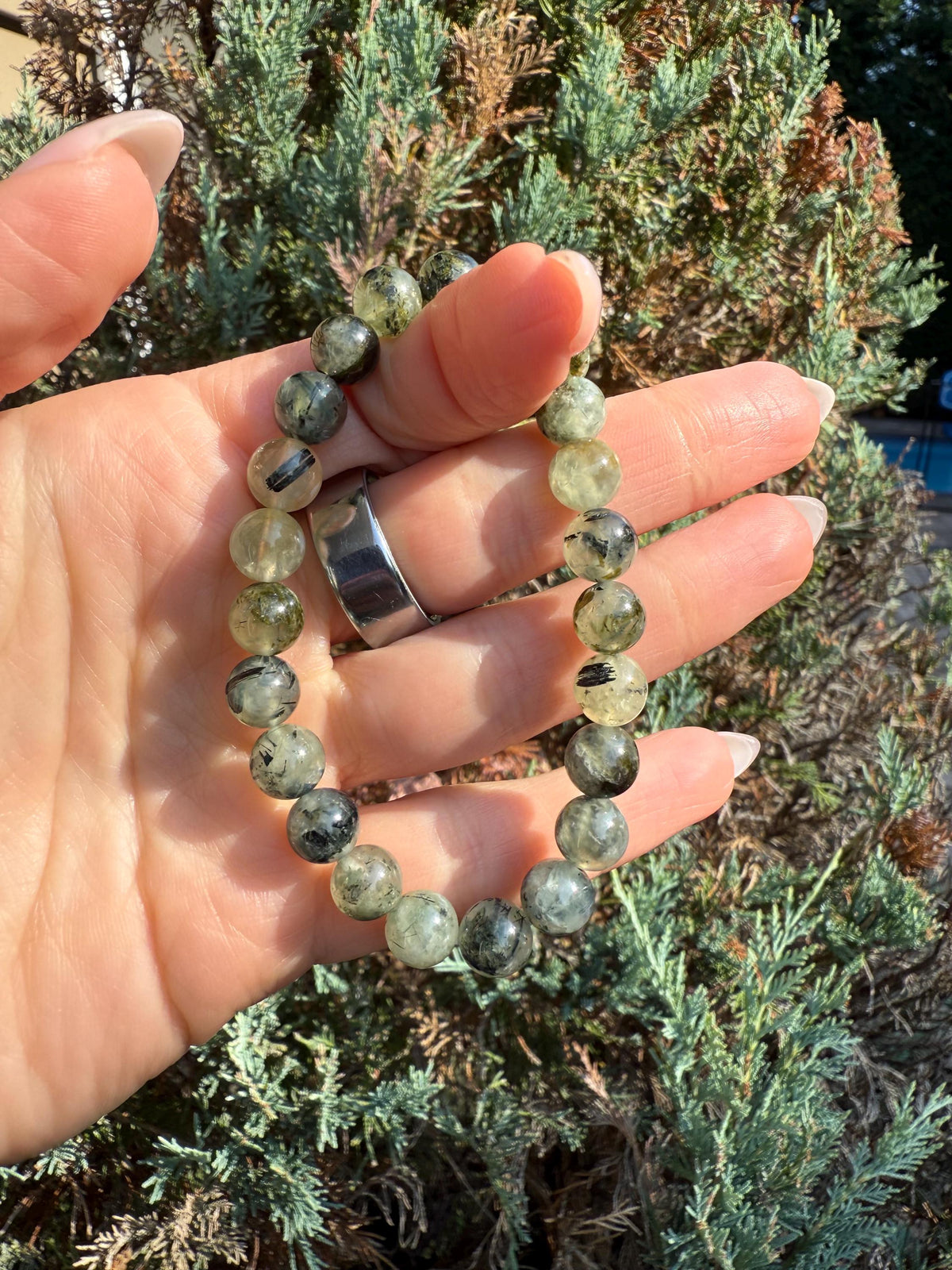 Prehnite & Epidote Crystal Beaded Stretch Bracelet: Natural Gemstone, Heart Chakra