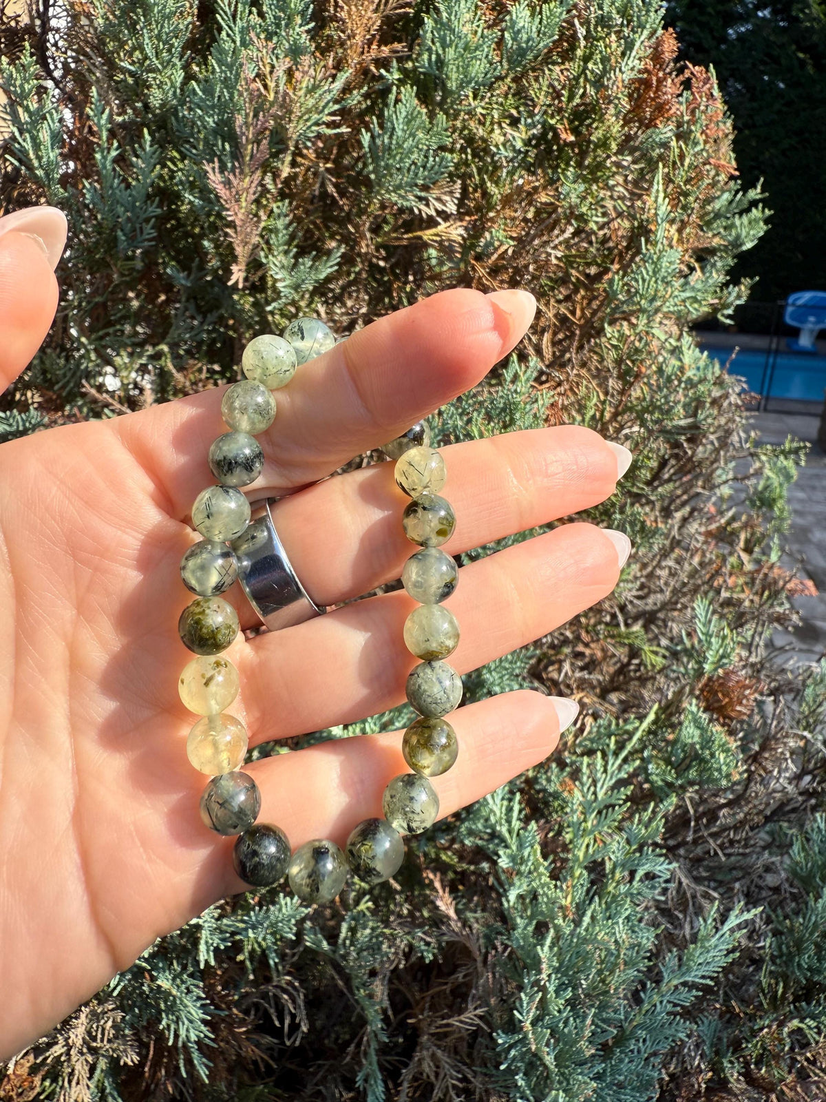 Prehnite & Epidote Crystal Beaded Stretch Bracelet: Natural Gemstone, Heart Chakra