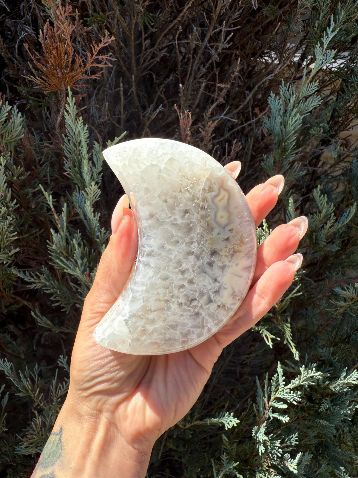 Druzy Brazilian Agate Quartz Crescent Moon Carving, Natural Crystal Sculpture, Spiritual Decor