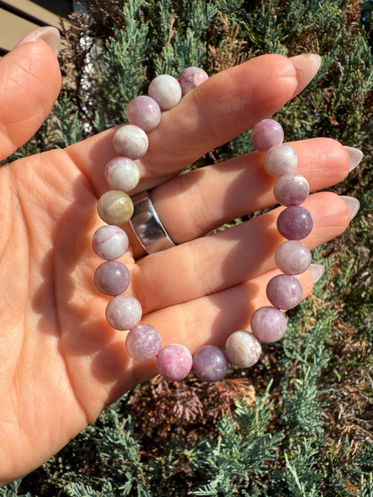 Unicorn Stone Stretch Beaded Bracelet: Lepidolite, Tourmaline, Quartz Crystal (9mm)
