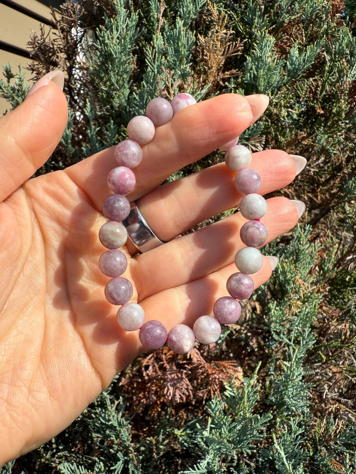 Unicorn Stone Stretch Beaded Bracelet: Lepidolite, Tourmaline, Quartz Crystal (9mm)
