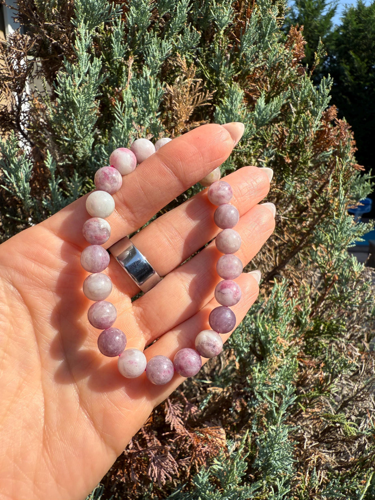 Unicorn Stone Stretch Beaded Bracelet: Lepidolite, Tourmaline, Quartz Crystal (9mm)