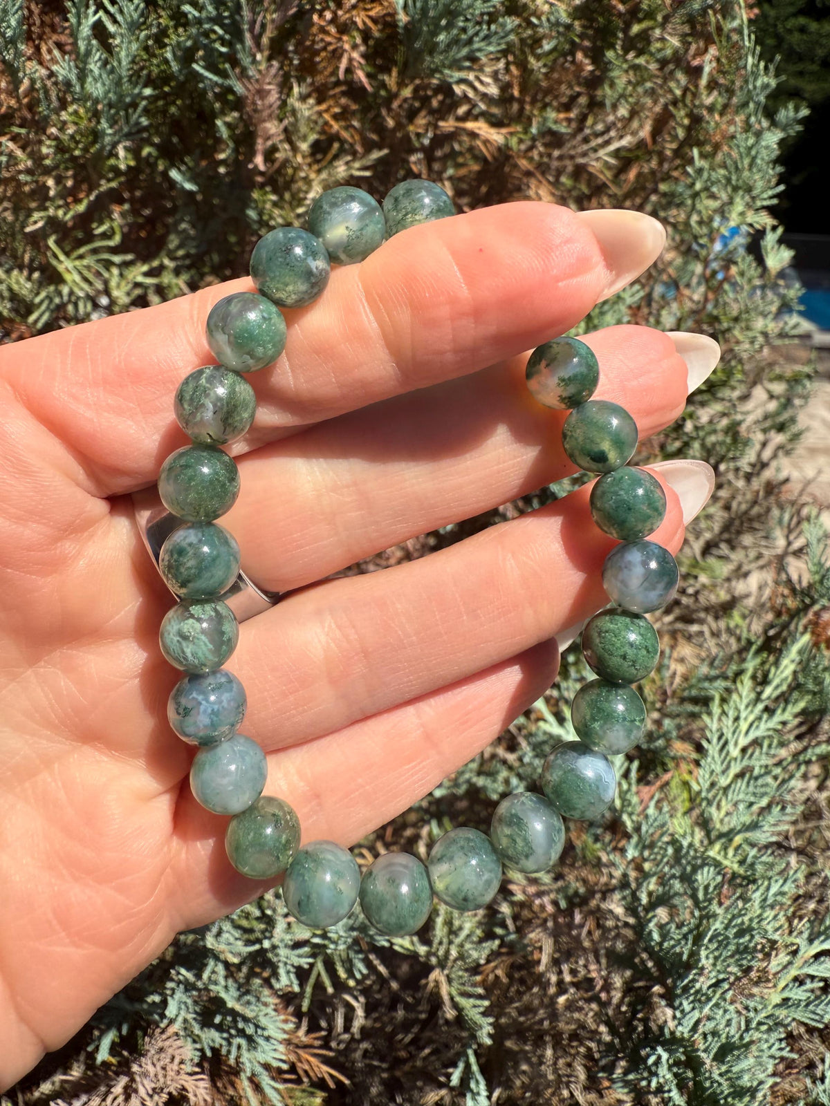 Moss Agate Stretch Beaded Bracelet, Grounding Crystal Healing Jewelry (9mm)