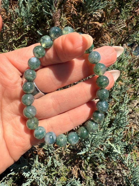 Moss Agate Stretch Beaded Bracelet, Grounding Crystal Healing Jewelry (9mm)