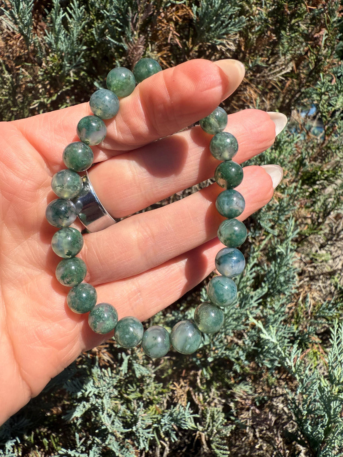 Moss Agate Stretch Beaded Bracelet, Grounding Crystal Healing Jewelry (9mm)