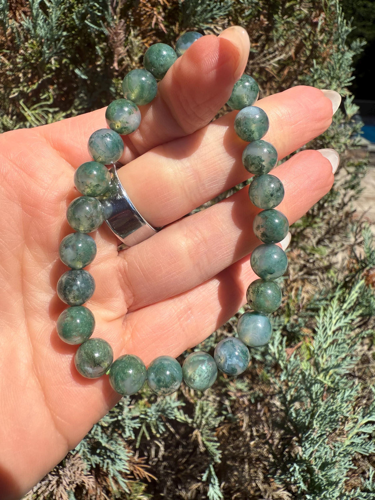Moss Agate Stretch Beaded Bracelet, Grounding Crystal Healing Jewelry (9mm)
