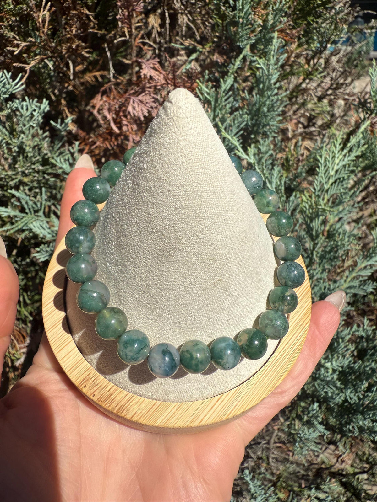 Moss Agate Stretch Beaded Bracelet, Grounding Crystal Healing Jewelry (9mm)