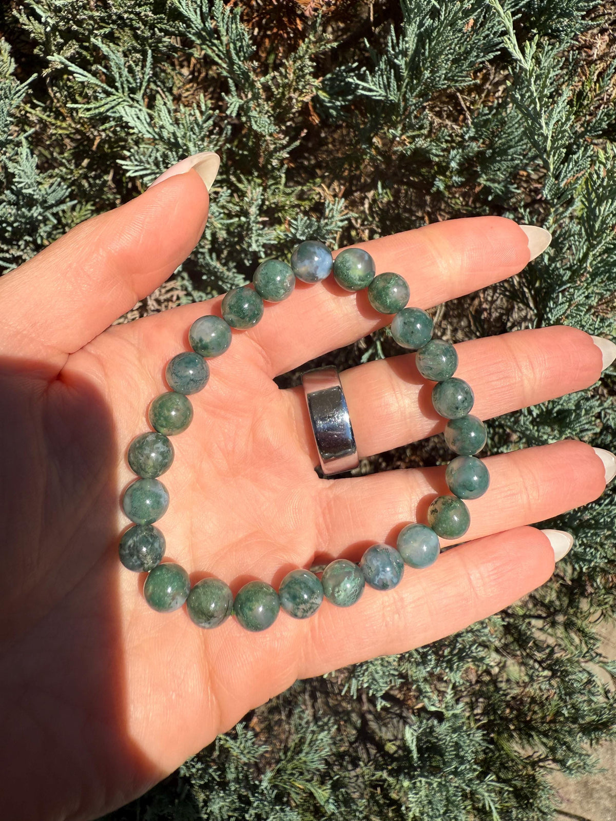 Moss Agate Stretch Beaded Bracelet, Grounding Crystal Healing Jewelry (9mm)