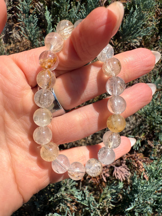 Dendritic Quartz with Gold Healer Inclusions Stretch Beaded Bracelet, Crystal Beaded Jewelry (9mm)