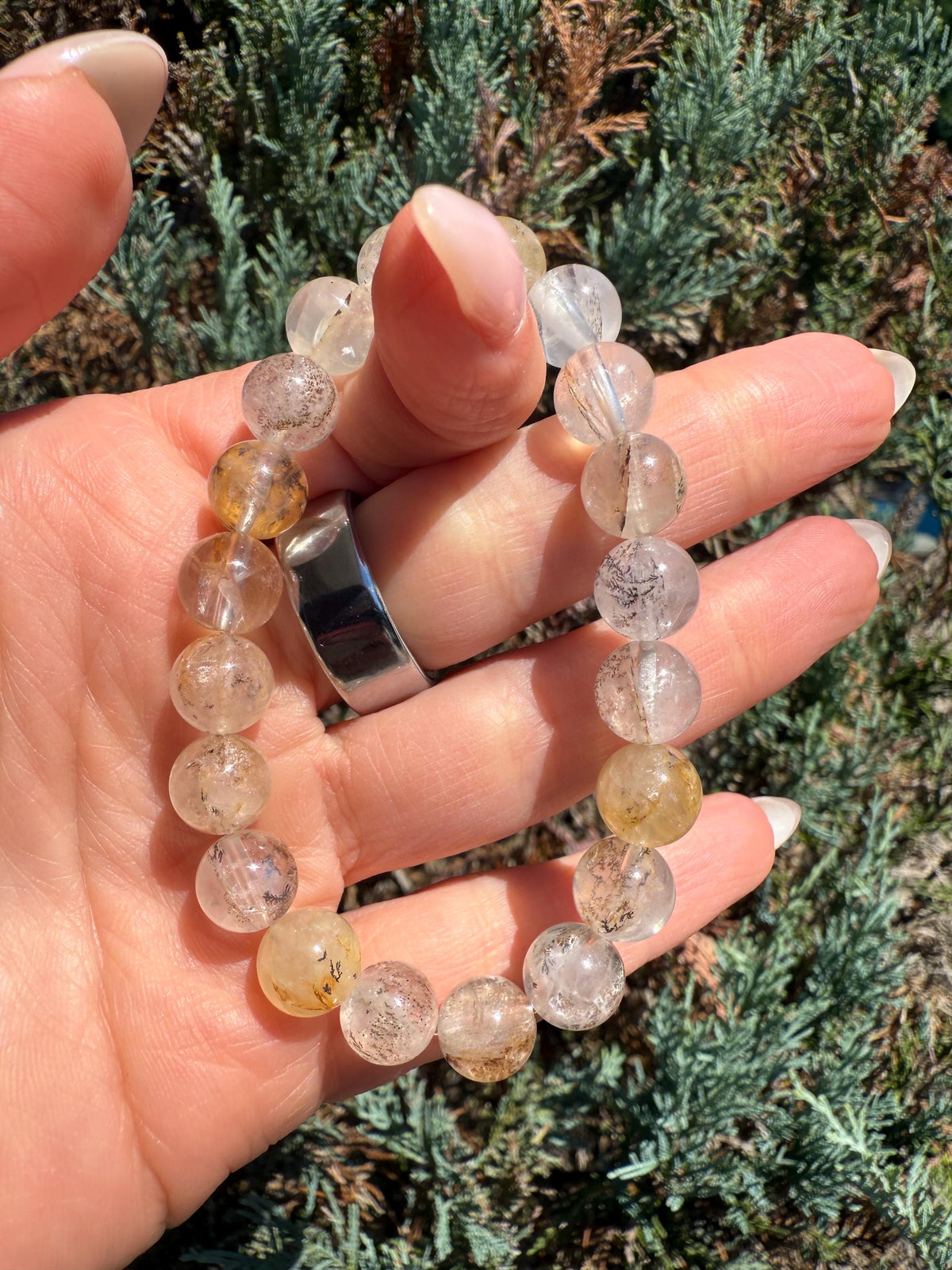 Dendritic Quartz with Gold Healer Inclusions Stretch Beaded Bracelet, Crystal Beaded Jewelry (9mm)