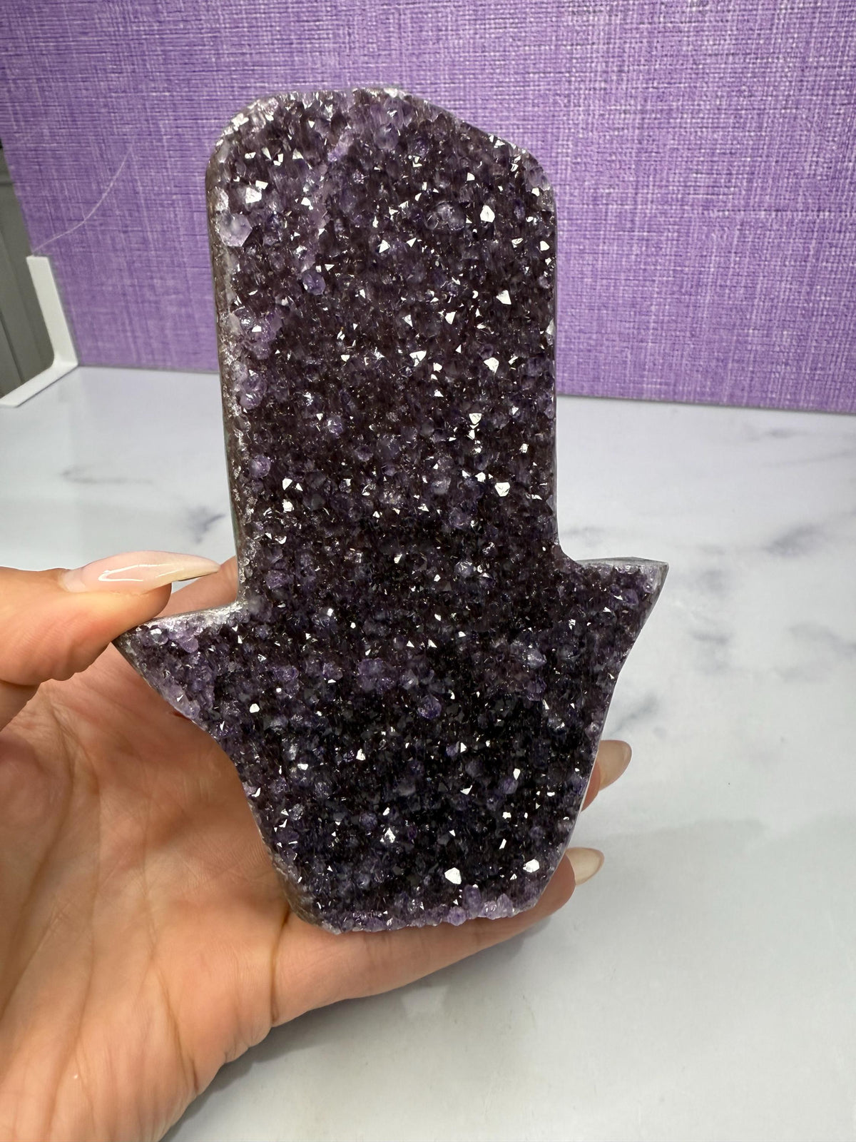 Large Amethyst Druzy Hamsa Hand Carving • Spiritual Protection, Peace Decor