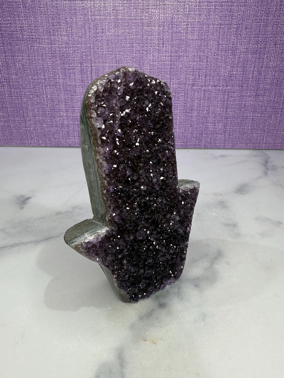Large Amethyst Druzy Hamsa Hand Carving • Spiritual Protection, Peace Decor