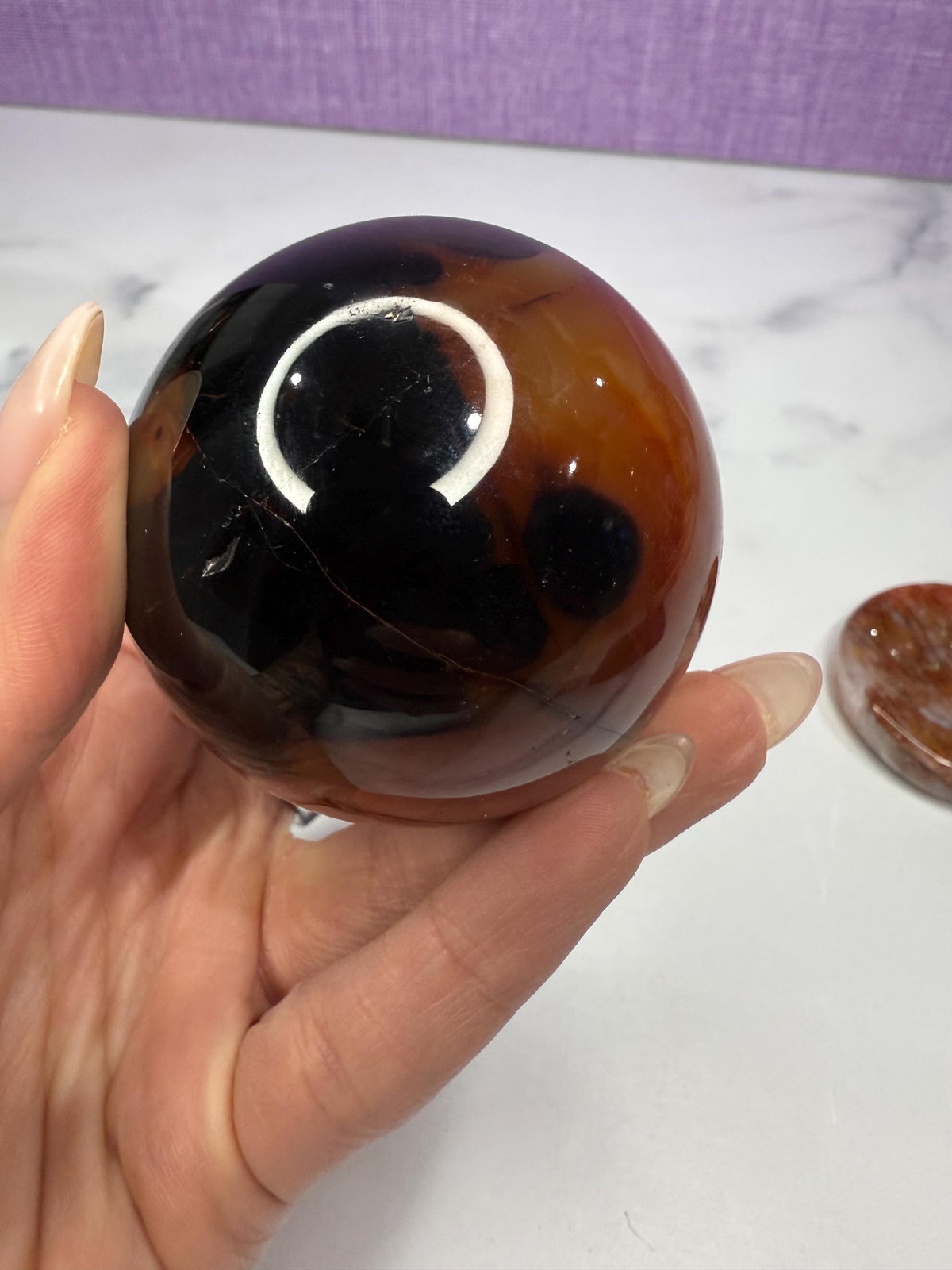 Dark Carnelian Agate Sphere • Druzy Crystal Orb, Madagascar Gemstone (61mm)