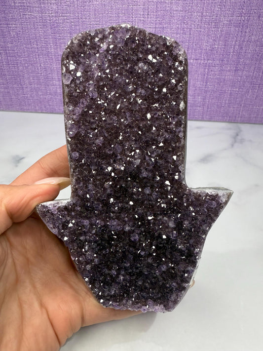 large self standing druzy Purple Amethyst Hamsa Hand Carving, Crystal Protection Symbol, Amethyst Palm Stone, Unique Spiritual Crystal Gift