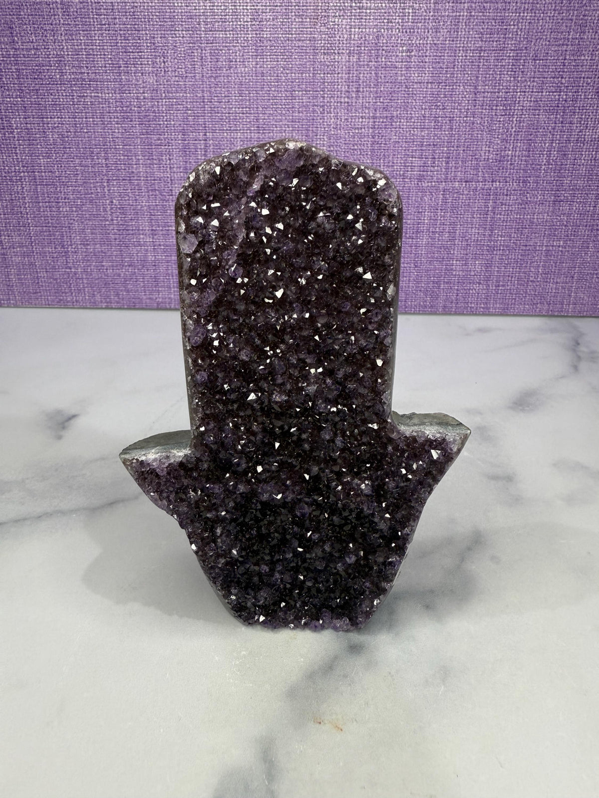 large self standing druzy Purple Amethyst Hamsa Hand Carving, Crystal Protection Symbol, Amethyst Palm Stone, Unique Spiritual Crystal Gift