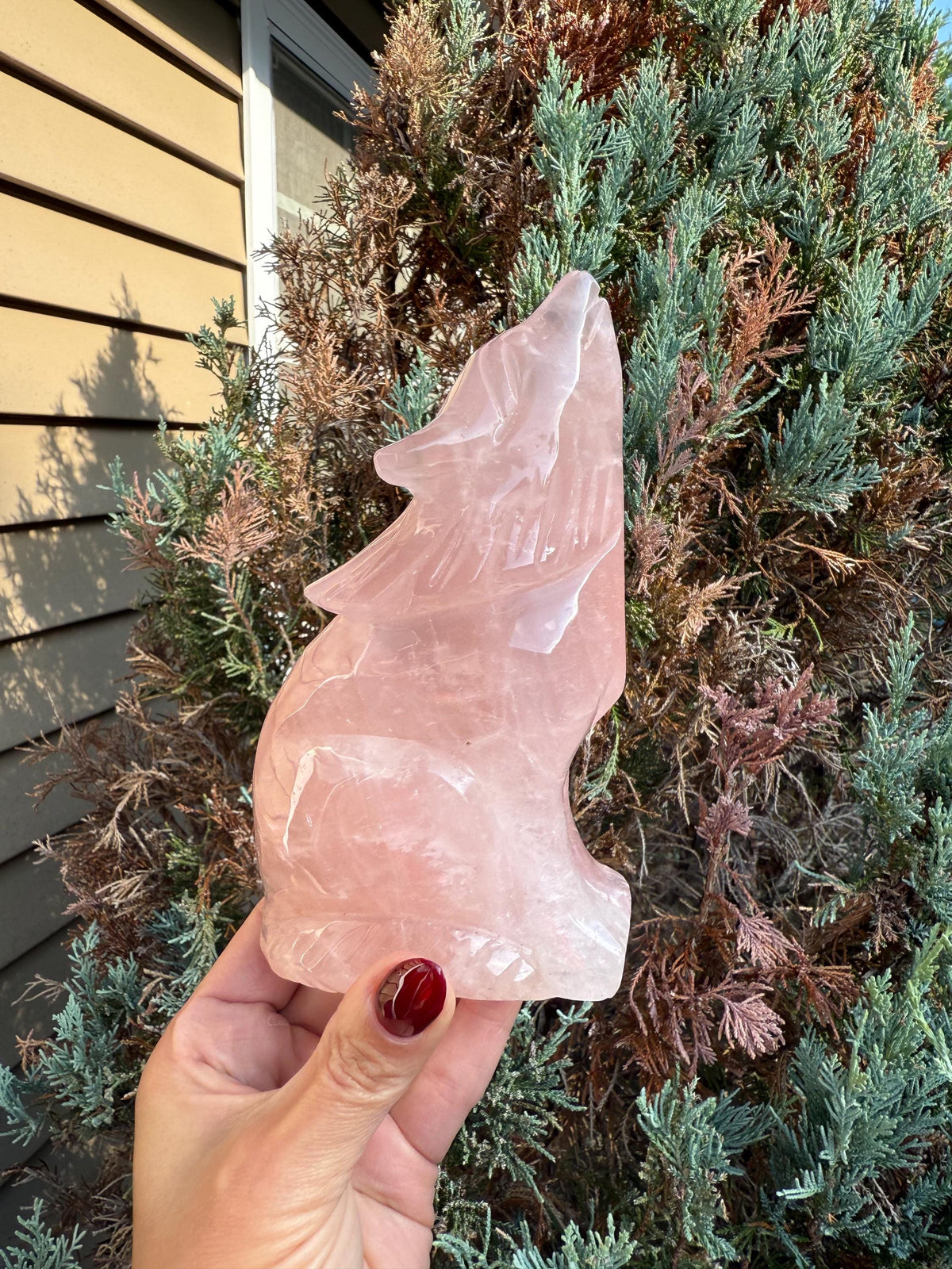 Rose Quartz Wolf Crystal Carving: Hand-Carved Spirit Animal