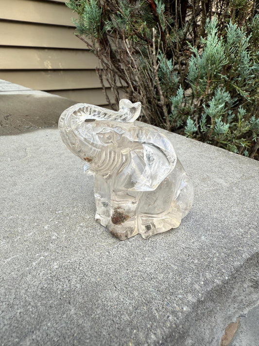 Garden Quartz Elephant Crystal Carving • Hand Carved Lodolite Animal Figurine