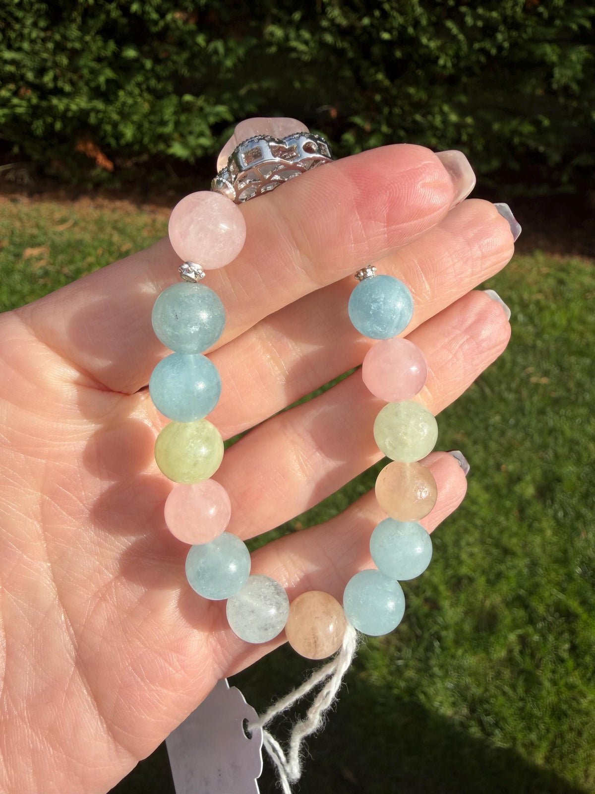 Mixed Beryl Bracelet with Rose Quartz Flower Charm • Aquamarine, Morganite, Heliodor Jewelry
