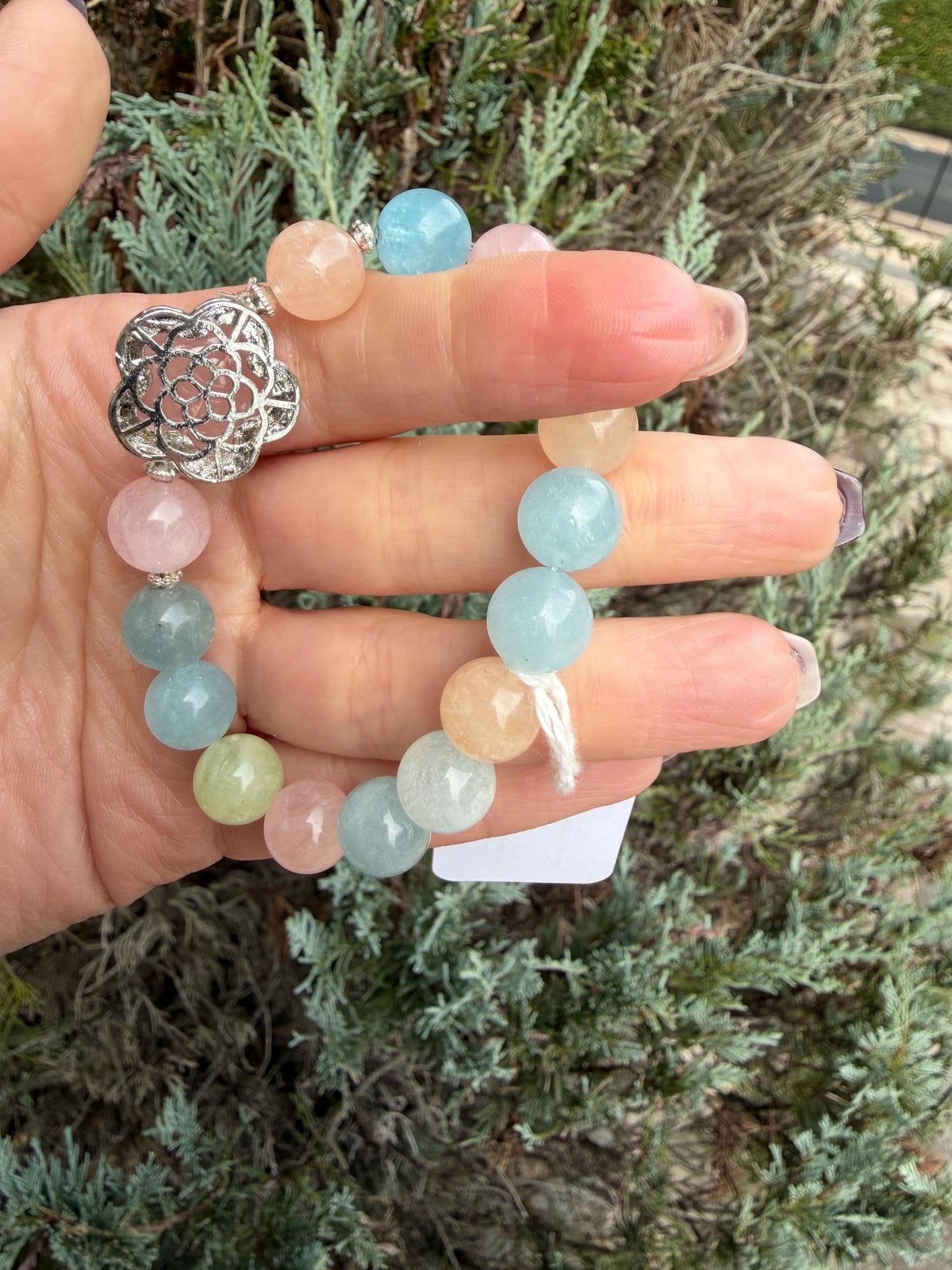 Mixed Beryl Bracelet with Rose Quartz Flower Charm • Aquamarine, Morganite, Heliodor Jewelry