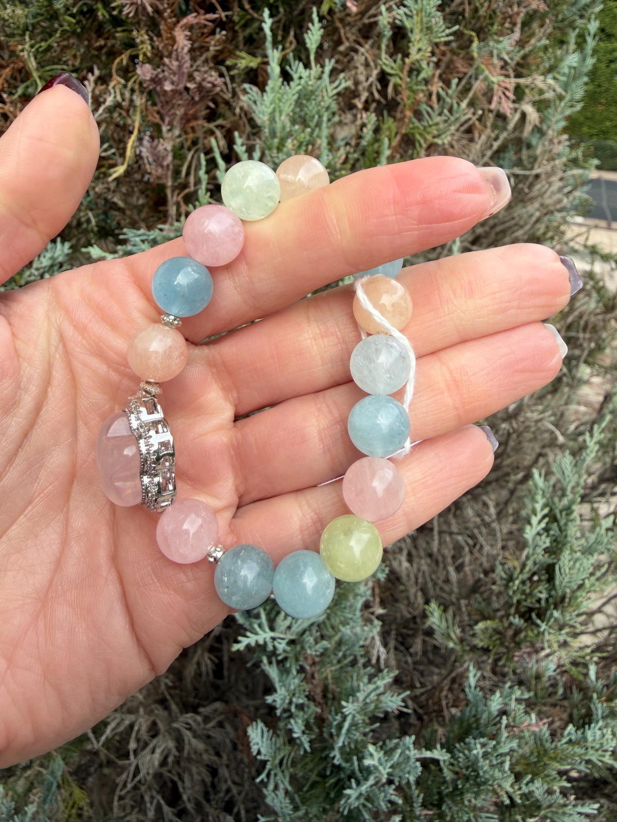 Mixed Beryl Bracelet with Rose Quartz Flower Charm • Aquamarine, Morganite, Heliodor Jewelry