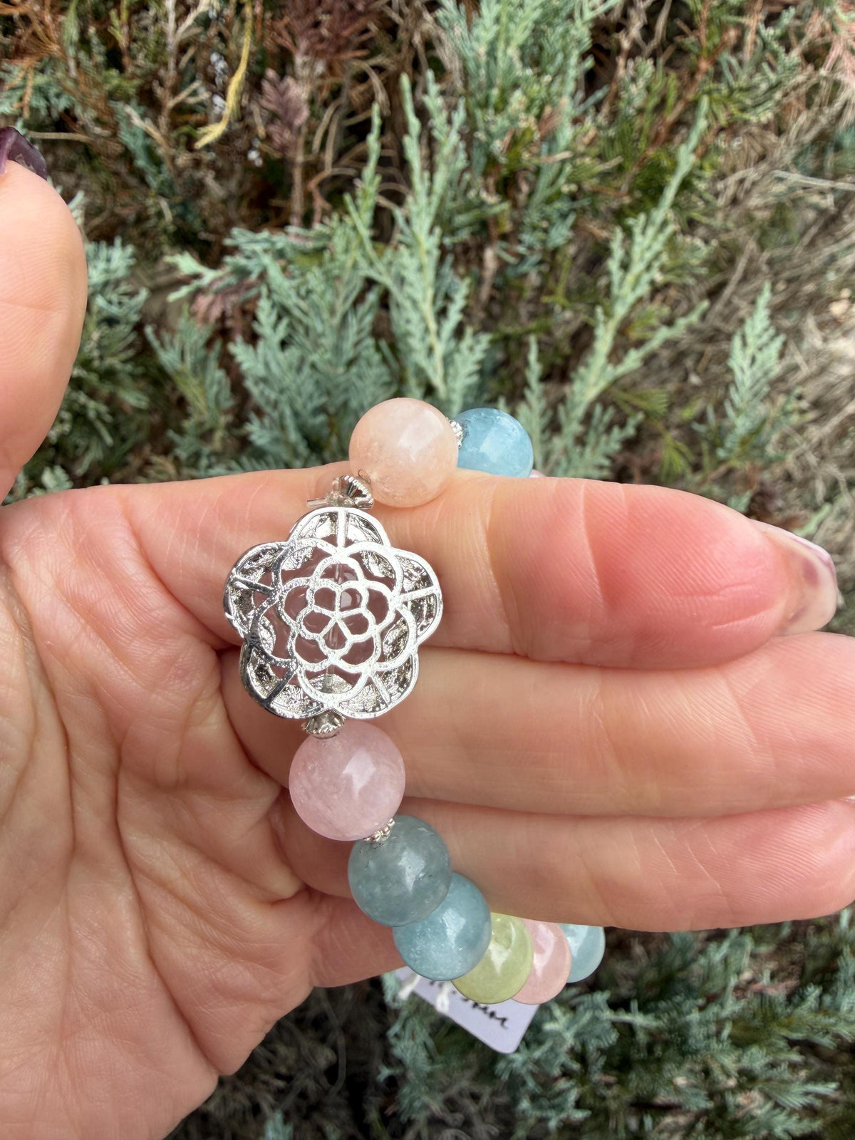 Mixed Beryl Bracelet with Rose Quartz Flower Charm • Aquamarine, Morganite, Heliodor Jewelry