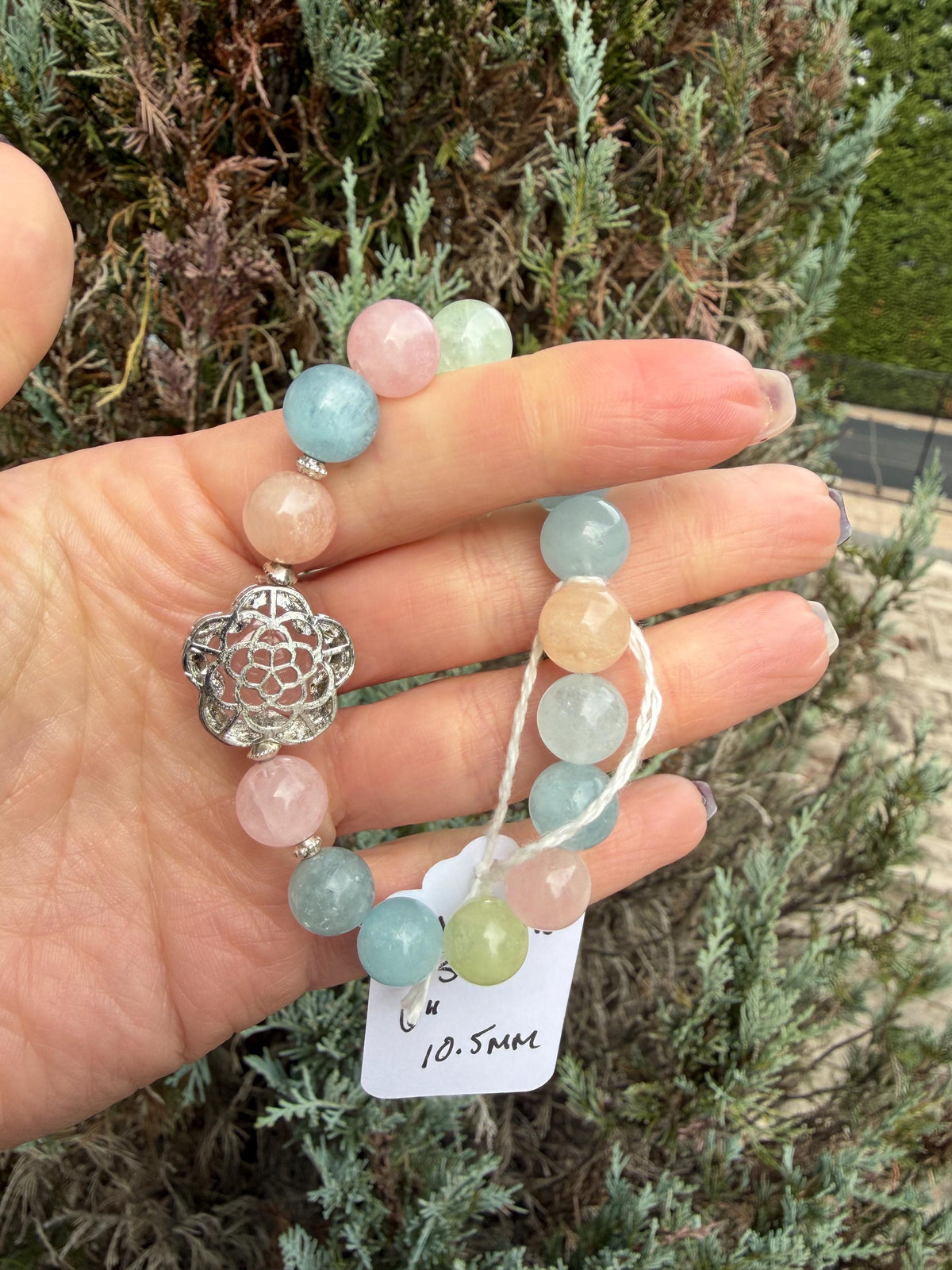 Mixed Beryl Bracelet with Rose Quartz Flower Charm • Aquamarine, Morganite, Heliodor Jewelry