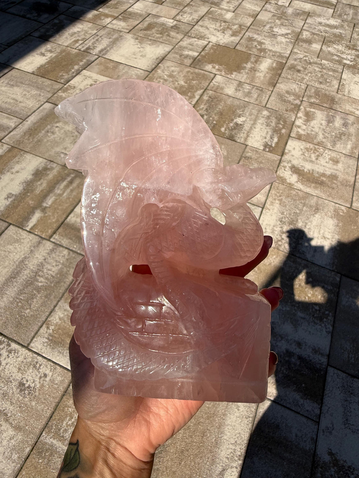 Large Rose Quartz Dragon Carving • Hand-Carved Crystal Guardian Sculpture