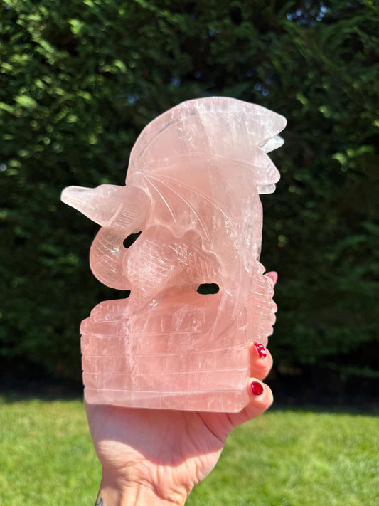 Large Rose Quartz Dragon Carving • Hand-Carved Crystal Guardian Sculpture