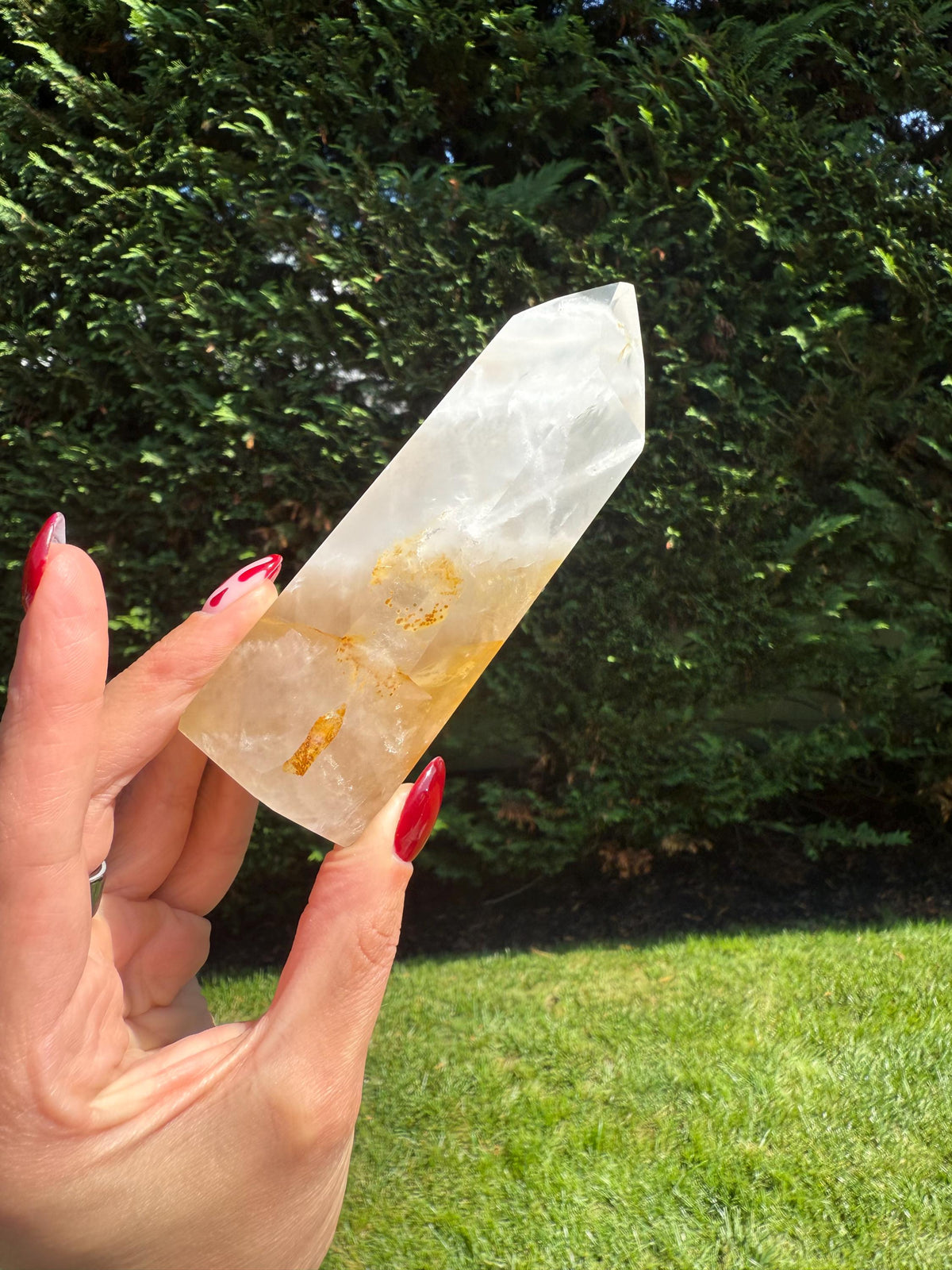 Back of Girasol and Golden Healer Crystal Tower showing polished surface and natural crystal inclusions.
