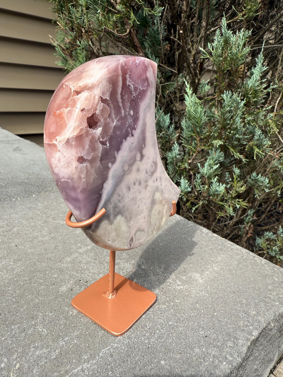 Pink Amethyst Druzy Moon Carving • Celestial Crystal Stand Display