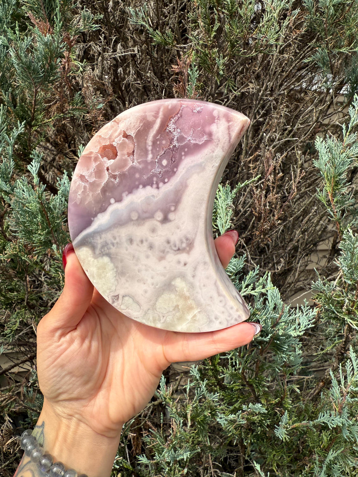 Pink Amethyst Druzy Moon Carving • Celestial Crystal Stand Display