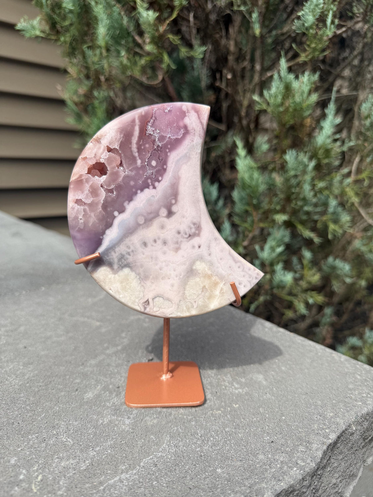 Pink Amethyst Druzy Moon Carving • Celestial Crystal Stand Display
