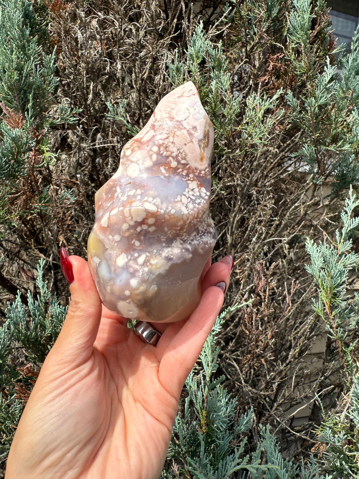 Flower Agate Flame Carving • Crystal Flame • Natural Healing Stone • Freeform Gemstone Sculpture • Spiritual Decor