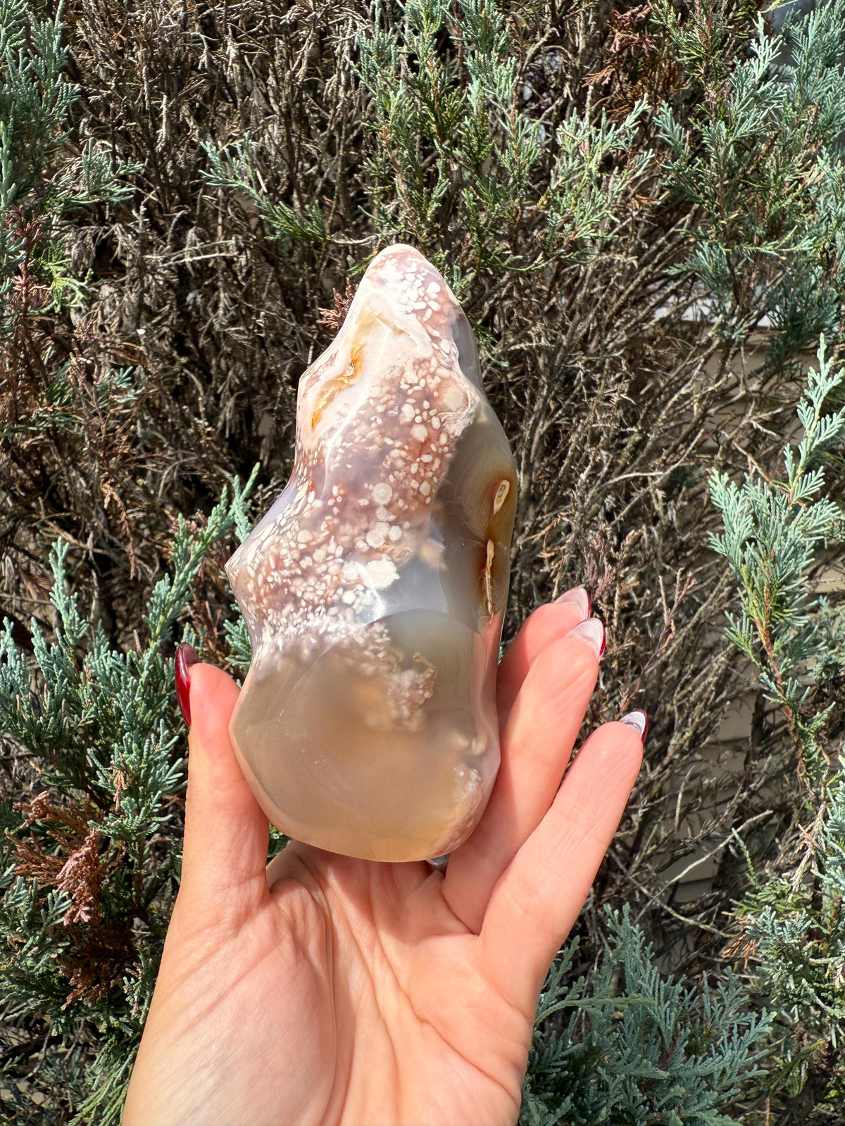 Flower Agate Flame Carving • Crystal Flame • Natural Healing Stone • Freeform Gemstone Sculpture • Spiritual Decor