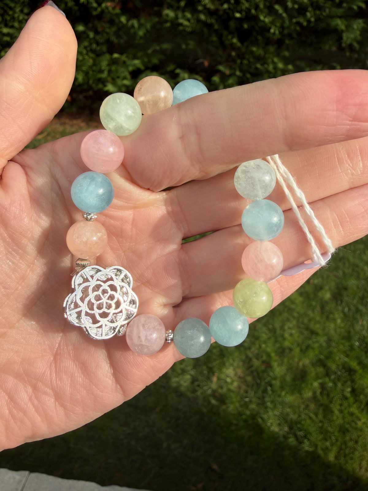 Mixed Beryl Bracelet with Rose Quartz Flower Charm • Aquamarine, Morganite, Heliodor Jewelry