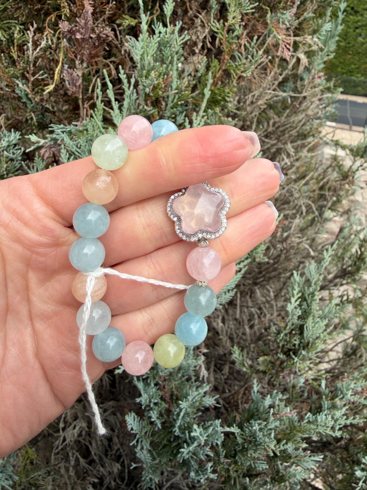 Mixed Beryl Bracelet with Rose Quartz Flower Charm • Aquamarine, Morganite, Heliodor Jewelry