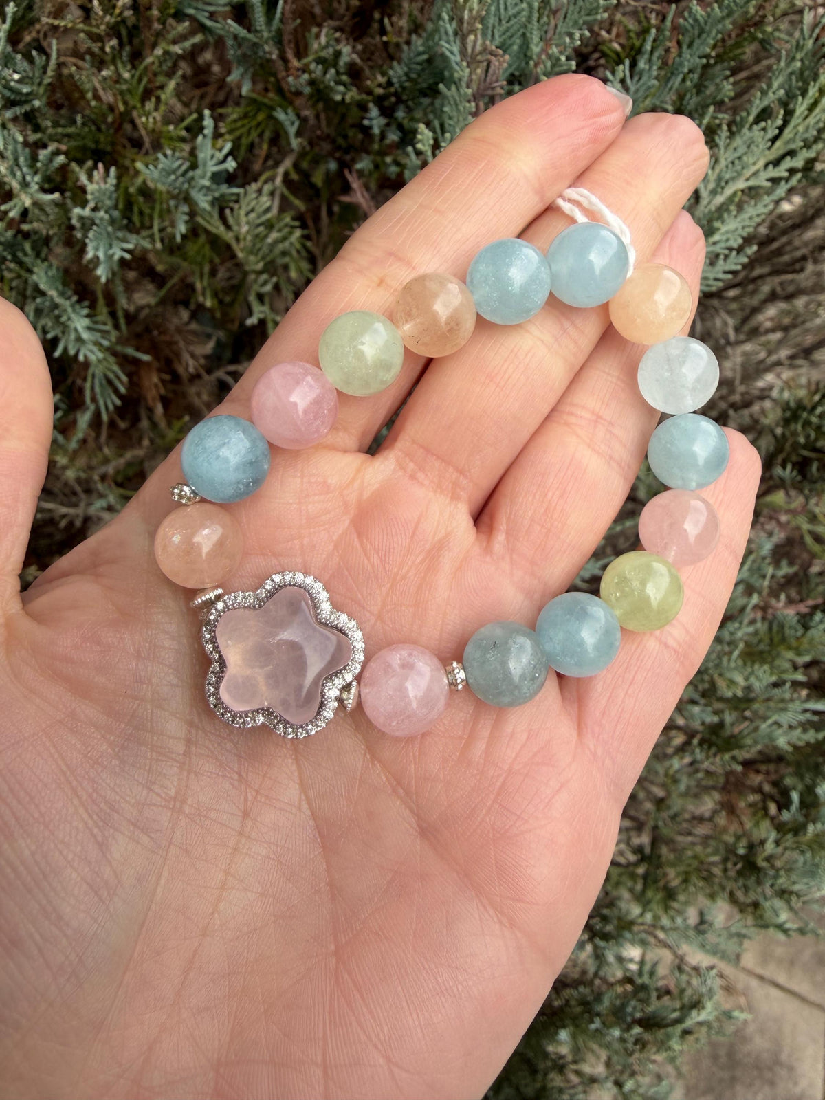 Mixed Beryl Bracelet with Rose Quartz Flower Charm • Aquamarine, Morganite, Heliodor Jewelry