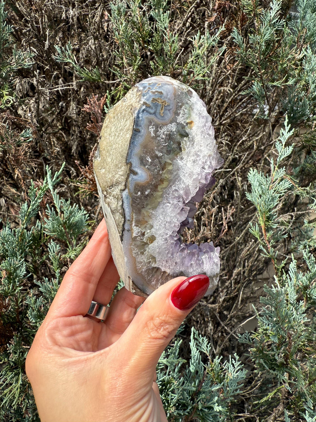 Purple Amethyst & Agate Druzy Cut Base • Banded Crystal Geode • Home Decor • Healing Mineral Specimen