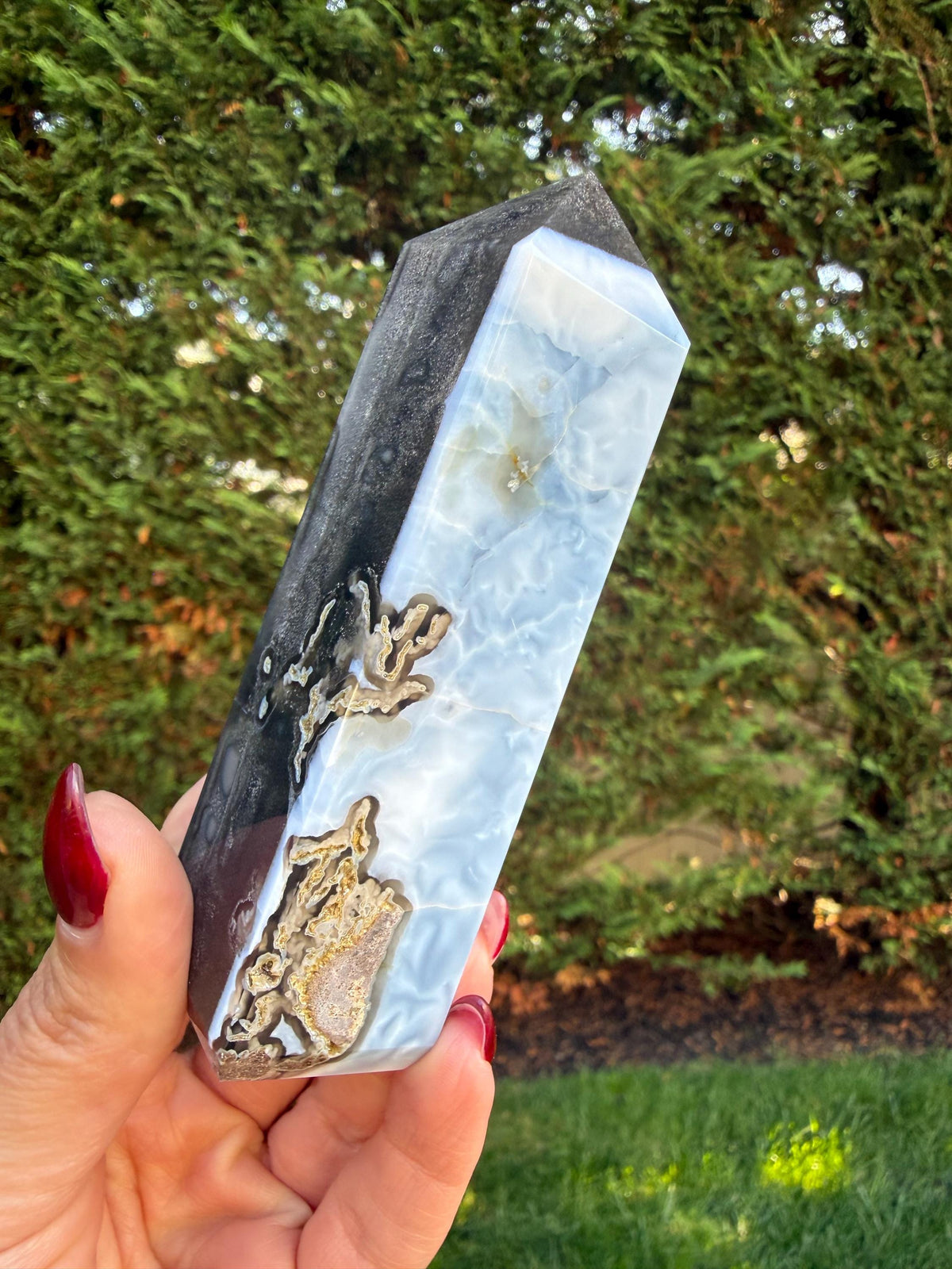 Owyhee Blue Opal Tower • Moss Agate Inclusions, Calming Crystal Point